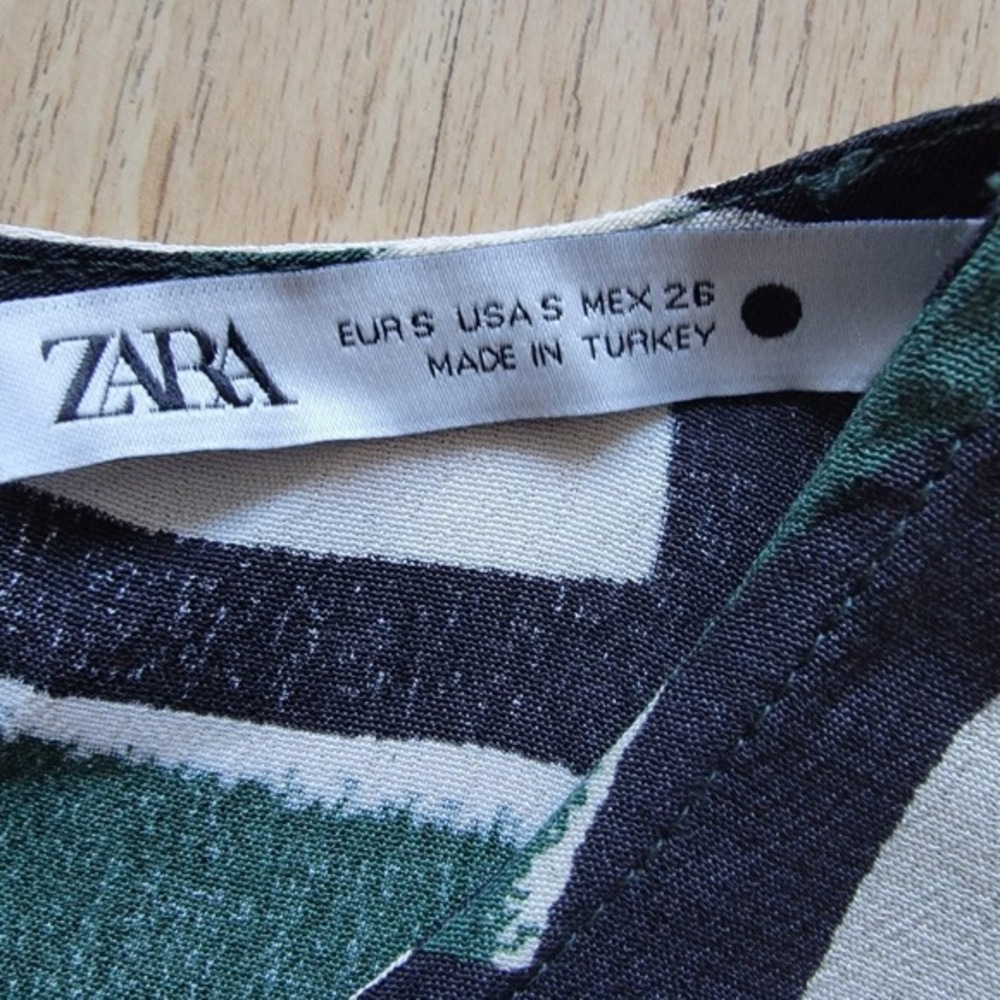Zara Geometric Print Belted Mini Dress Green White Black Long Sleeve Women S - Picture 3 of 9